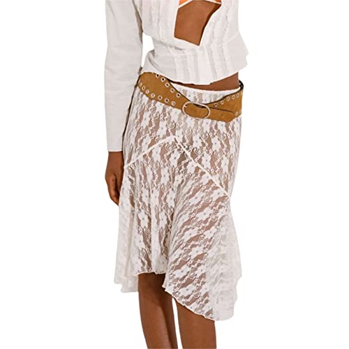 Weiße Spitze Midi Röcke für Frauen Y2k Fairy Grunge Bodycon Halber Rock E-Girls Durchsichtig Wrapped Lange Rock, B-weiß, Klein von Sunwittafy