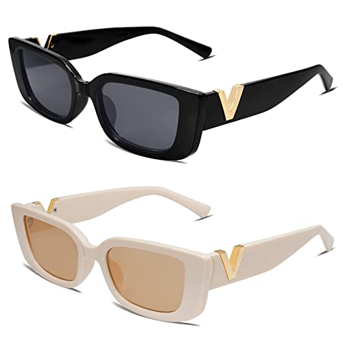 2 Stück Schnelle Brille Rave Sonnenbrille Damen,V Retro Trendy Klassische Quadratische Brille,Vintage Sonnenbrille Rave Brille,UV-Schutz-Sonnenbrille für Draußen von Sunwuun