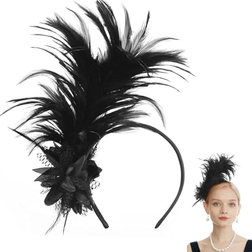 20er Jahre Haarschmuck,Fascinator Damen Schwarz,Feder Haarreif,Haarreif Fasching Damen,Gatsby Accessoires Damen,1920s Fascinator Feather Headband,Feder Kopfschmuck Schwarz von Sunwuun