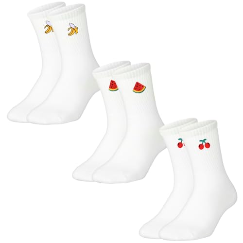 3 Stück Weiß Tennissocken Damen & Herren Crew Socks mit Motiv,EU 39-42 Unisex Atmungsaktive Sportsocken Arbeitssocken,Tennissocken mit Getränke Fruchtmuster,Geschenke für Freundin von Sunwuun