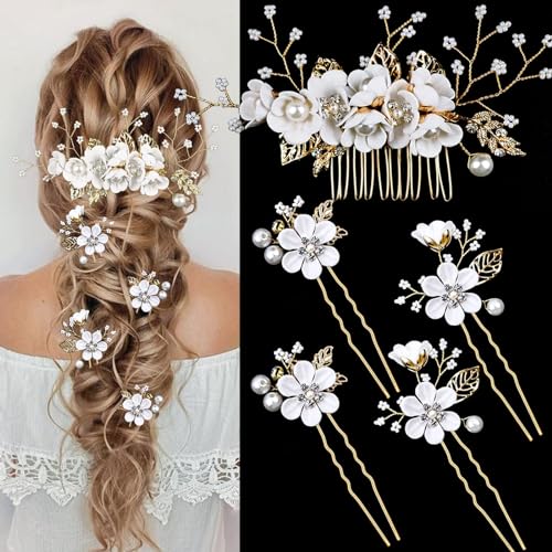 5 Stück Haarschmuck Hochzeit, Blume Braut Diadem, Kommunion Mädchen Perle Haarkamm, Brautschmuck Haarspange Kopfschmuck Für Bräute Und Brautjungfern (Weiß) von Sunwuun