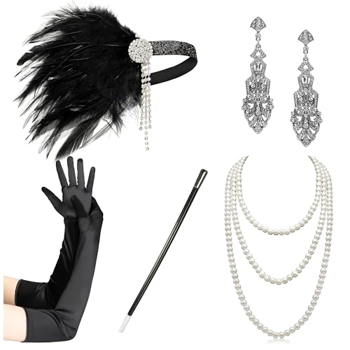 Sunwuun 5 Stück 20er Jahre Accessoires Kopfschmuck Handschuhe Halskette Ohrringe,20er Jahre Kostüm Damen,Gatsby Accessoires Damen,20er Jahre Kostüm Accessoire Set,Fashion Roaring 20er Theme Set von Sunwuun