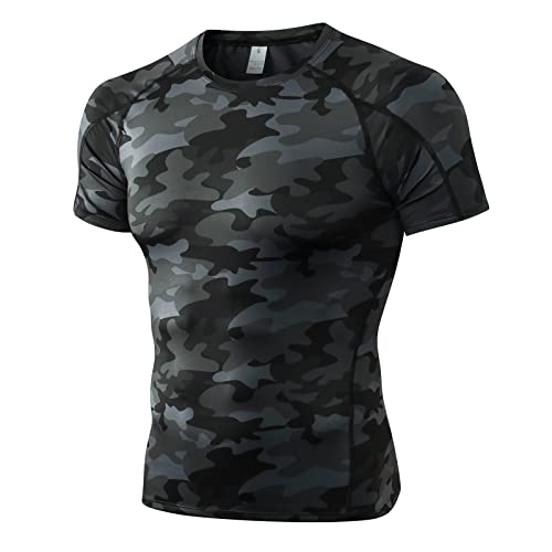 Sunxia Kompressionsshirt Herren Kurzarm Sportshirt Herren Laufshirt Funktionsshirt Schnelltrocknendes Trainingsshirt für Männer Camouflage-Schwarz L von Sunxia