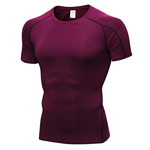 Sunxia Kompressionsshirt Herren Kurzarm Sportshirt Herren Laufshirt Funktionsshirt Schnelltrocknendes Trainingsshirt für Männer Weinrot L von Sunxia