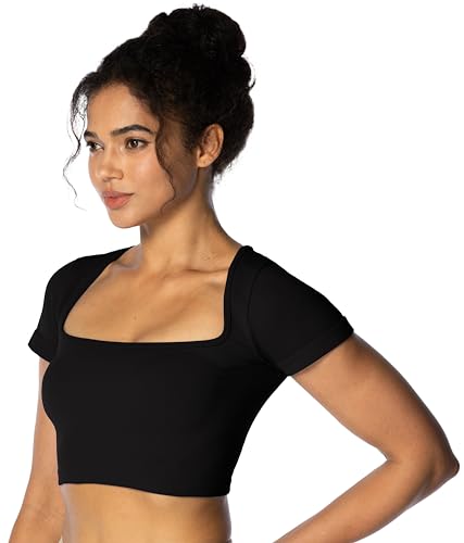 Sunzel Bauchfreies Damen-Top mit quadratischem Ausschnitt und kurzen Ärmeln, Workout-Tanktop für Yoga, Laufen, Schwarz, X-Groß von Sunzel