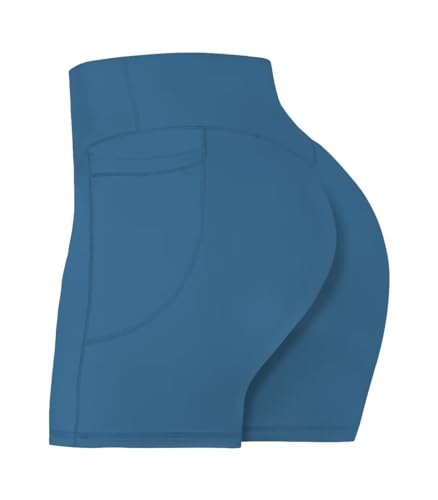 Sunzel Biker-Shorts für Damen, ohne Vordernaht, mit Taschen, Yoga, Workout, Fitnessstudio, Fahrrad-Shorts mit Bauchkontrolle, Blau Grau, M von Sunzel