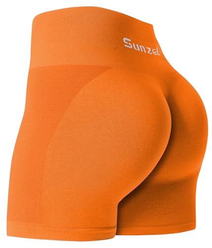 Sunzel Butt Scrunch nahtlose Shorts, Damen 12.7 cm Workout-Shorts, hohe Taille, Orange/Abendrot im Zickzackmuster (Sunset Chevron), X-Klein von Sunzel