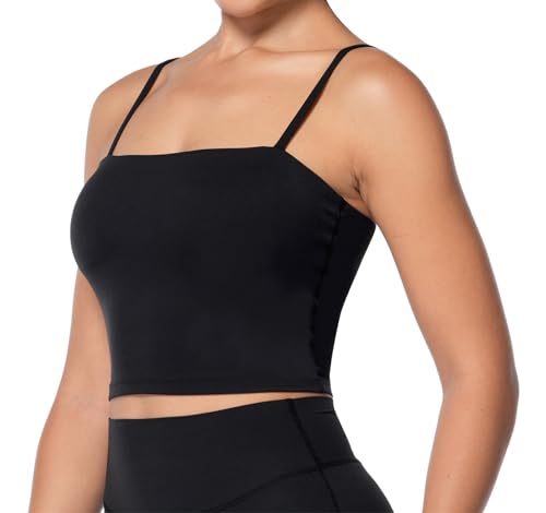 Sunzel Damen Gepolsterter Sport-BH Longline Yoga Tank Top Verstellbare Spaghettiträger Eingebauter BH Quadratischer Ausschnitt Crop Top, Schwarz, X-Small Kurze Schlauch von Sunzel