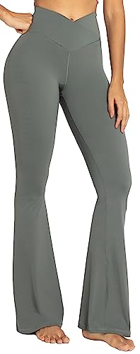 Sunzel Leggings, ausgestelltes Bein, überkreuzte Yogahose mit Bauchkontrolle, hoher Bund und weites Bein, GRAU, Groß von Sunzel