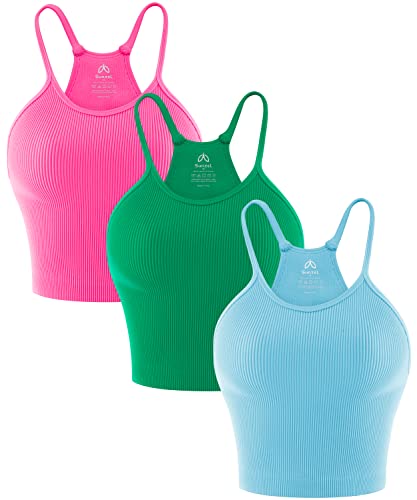 Sunzel Free to Be Tank, Crop Ribbed Tank Tops Seamless Racerback Camisoles No Pad Camis Cropped Workout Gym Yoga, Hotpink Golfgreen Splashblue (3pcs)-crop, XS/S von Sunzel