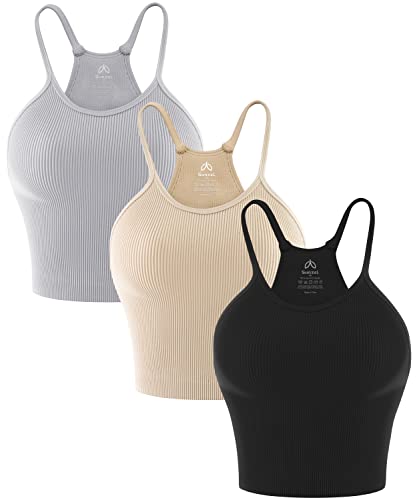 Sunzel Free to Be Tank, Crop Ribbed Tank Tops Seamless Racerback Camisoles No Pad Camis Cropped Workout Gym Yoga, Schwarz Beige Grau (3 Stück)- Crop, M/L von Sunzel