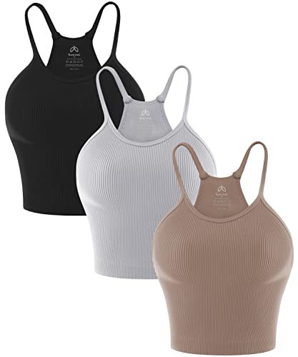 Sunzel Free to Be Tank-Top, bauchfrei, gerippt, nahtlos, Racerback, Camisole ohne Pad, bauchfrei, Workout, Fitnessstudio, Yoga, Schwarz, Braun, Grau (3 Stück), bauchfrei, M/L von Sunzel