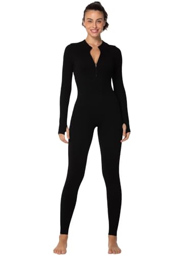 Sunzel Langarm-Jumpsuits für Frauen, gerippt, einteilig, lässig, Yoga, Workout, Reißverschluss vorne, figurbetont, Legging Fit & Daumenloch, Schwarz, Small von Sunzel