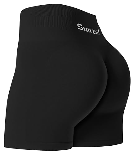 Sunzel Butt Scrunch Nahtlose Damen-Shorts, 12,7 cm, Workout-Shorts, hohe Taille, Stretch, Booty-Shorts für Fitnessstudio/Yoga/Laufen/Radfahren, Einfarbig Schwarz, Mittel von Sunzel