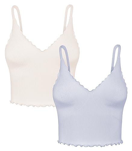 Sunzel Nahtloses Damen-Tanktop, V-Ausschnitt, gerippt, bauchfrei, mit Rüschen und verstellbaren Trägern, für Workout, Yoga, Beige&grau, XS/S von Sunzel