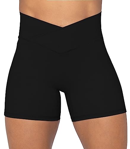 Sunzel Softmax Crossover Bikershorts für Damen, V Criss Cross High Waist Yoga Workout Gym Shorts mit Bauchkontrolle, Schwarz, X-Klein von Sunzel