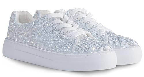 Suokdil Glitzernde Strass-Sneaker für Damen, glitzernde Sneaker, Strass-Sneaker, weißer Schuh, Glitzer, modisch, bedazzled Plateau, Tennisschuhe, Braut-Pailletten, Hochzeit und Party, trendiger Schuh, von Suokdil