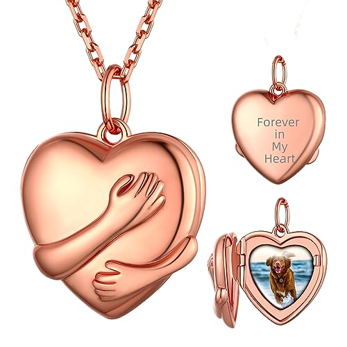 Supcare 46cm Amulett Herz Locket Damen Umarmung Hand Medaillon zum Öffnen für Bilder Custom Rosegold Necklace Retro Kette S925 Foto Halskette mit Anhänger Personalisiert Modeschmuck für Muttertag von Supcare