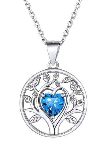 Supcare Anhänger Lebensbaum Damen Baum des Lebens Halskette mit Herz CZ Silber 925 Kette mit Geburtsstein Kettenanhänger Synthetic Blautopas Tree of Life Necklace Modeschmuck für Verlobung Muttertag von Supcare