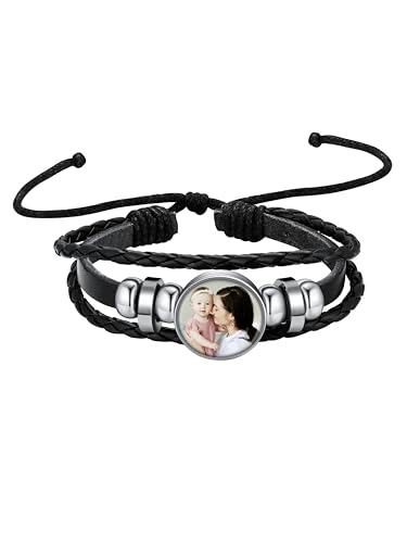 Supcare Armbänder für Herren Lederarmband mit Foto Armband Männer Schmuck Leder Armreif Schwarz PU-Leder geflochten Herrenarmband Bracelet Armkette Custom Fotoarmband Modeschmuck für Vatertag von Supcare