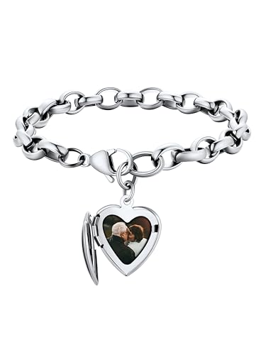 Supcare Armbänder für Mädchen Fotoarmband mit Herz Medaillon Anhänger Foto Armband mit Gravur Text Fotoarmbänder Armreifen Schmuck Damen Silber Locket Memorial Armband Modeschmuck für Muttertag von Supcare