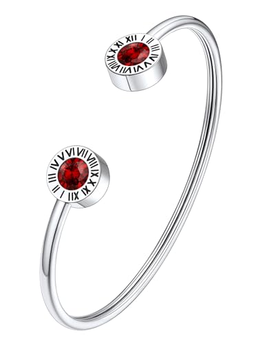 Supcare Armband Damen Silber Offene Armbänder mit Römischen Ziffern Geburtsstein Granat Armband Edelstahl Armreifen Wikinger Bracelet Punk Armschmuck Minimalismus Modeschmuck für Halloween von Supcare