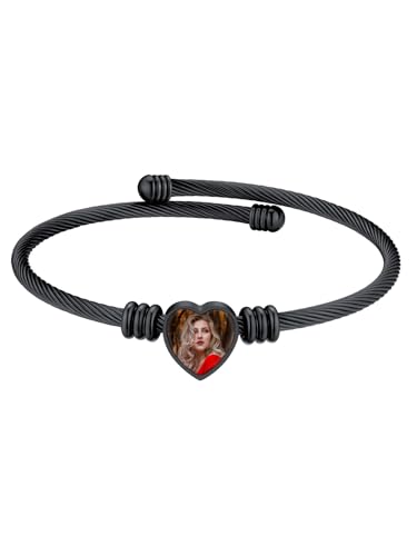 Supcare Armband Schwarz Mädchen Herz Foto Armband mit Gravur Fotoarmbänder Edelstahlarmband Armreifen Schmuck Armkette Charm Memorial Armband Armkettchen Partnerarmbänder Modeschmuck für Schwester von Supcare