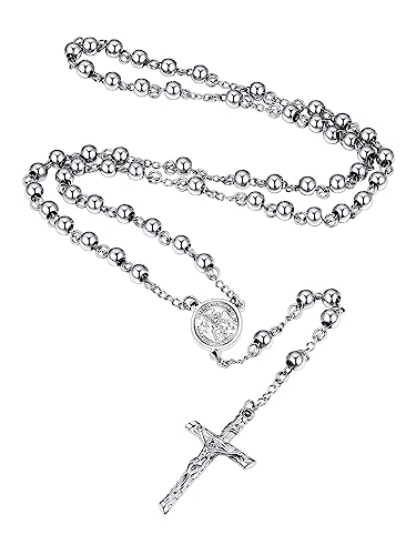 Supcare Cross Necklace Men Silberkette Männer Rosenkranz Katholische Halskette Gebetskette Christlich Kette Rosary Michael Religiöse Kruzifix Anhänger Jesus Kreuz Kette Schmuck für Erntedanktag von Supcare