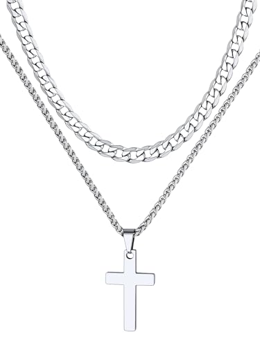 Supcare Damen 2Pcs Layered Halskette Kette mit Kreuz Anhänger Edelstahl Silber Kreuzkette Gliederkette Kreuzanhänger Doppelkette Choker Cross Necklace Kruzifix Kette Punk Modeschmuck für Frauen von Supcare