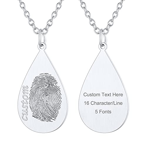 Supcare Damen 316L Fingerabdruck Halskette mit Anhänger in Tropfenform Edelstahl Schmuck Frau Custom Personalisierte Namen Text Gravur Memorial Mutter Kette für Herren Tropfen-Silber von Supcare