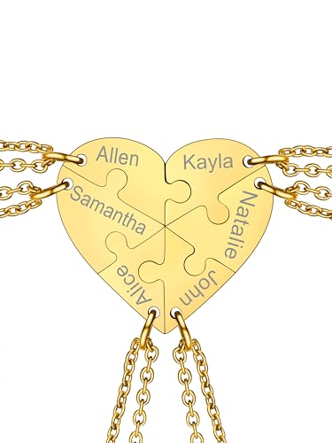 Supcare Damen Puzzle Ketten für 6 Partnerlook Pärchen Namens Kette Gravur DIY BFF Kette Halskette Herzanhänger Schwarzkette Partnerketten Couple Necklace Personalisiert Modeschmuck für Valentinstag von Supcare