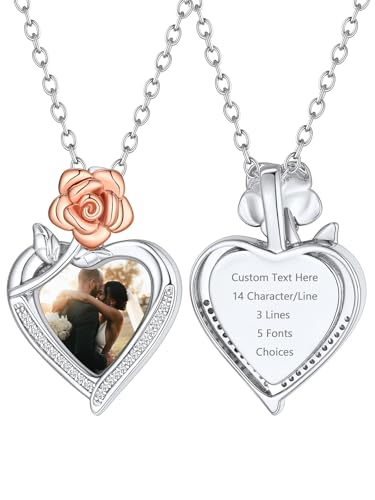 Supcare Damen Rose Blume Halskette Liebesherz Romantisch Anhänger für Damen Foto Kette mit Gravur Text Kettenanhänger Gedenk Memorial Kette Erinnerung Fotokette Personalisiert Modeschmuck für Mutter von Supcare