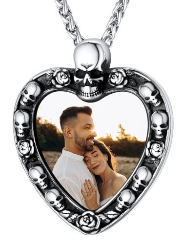 Supcare Damen Silberkette mit Anhänger Halskette mit Rosenspitze Herz Fotoanhänger Kette mit Gravur Text Kettenanhänger Fotokette mit Schädel Memorial Kette Personalisiert Schmuck für Muttertag von Supcare