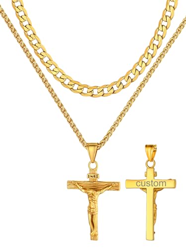 Supcare Edelstahlkette für Herren 2Pcs Layered Halskette INRI Jesus Kette Kreuz Anhänger Doppelkette Kruzifix Kette mit Gravur Kreuzkette Kreuzanhänger Cross Gebet Kette Accessories Schmuck für Opa von Supcare