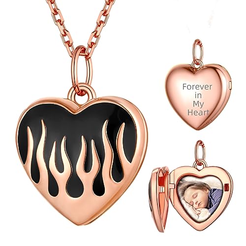 Supcare Flammen Medaillon zum Öffnen für Bilder Damen Custom Rosegold Locket Necklace Kette Foto S925 Halskette mit Anhänger Amulett Erinnerung Personalisiert Modeschmuck für Hochzeit von Supcare
