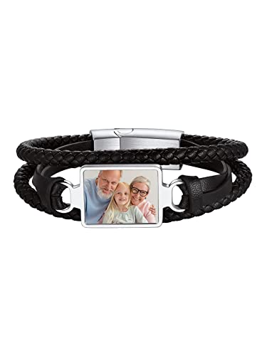 Supcare Foto Armband mit eigenem Foto Herren Custom Leder Armreif Schwarz Lerderarmband mit Gravur Lederband geflochten Breites Wickelarmband mit Edelstahl Magnetverschluss Modeschmuck für Ehemann von Supcare