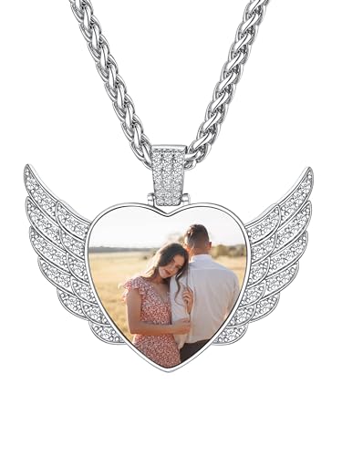 Supcare Frauen Kette mit Gravur Halskette mit Flügel Herzkette Text Fotokette Herz Anhänger mit Bilder Photo Pendant Necklace Mens Silberkette Kettenanhänger Personalisiert Schmuck für Freundin von Supcare