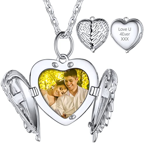 Supcare Frauen Silber Flügel Herz Halskette 46cm Medaillon aufklappen Custom Öffnen Medaillon Damen Locket Necklace Kette Foto Halskette Anhänger Personalisiert Schmuck für Cocktail Geburtstag von Supcare