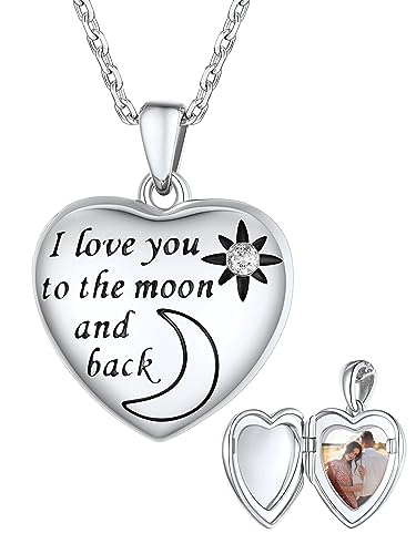 Supcare Frauen Silber Polaris Mond Herz Halskette Medaillon aufklappen Custom Öffnen Medaillon Damen Locket Necklace Kette Foto 46cm Halskette Anhänger Personalisiert Schmuck für Cocktail Geburtstag von Supcare