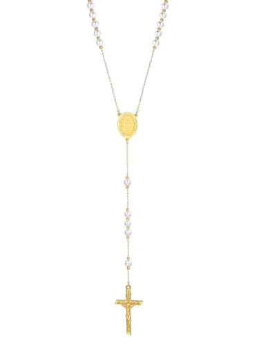 Supcare Gebetskette für Herren Männer Rosenkranz Halskette Jungfrau Maria Anhänger mit Kruzifix Glasperlen Rosary Jesus Kreuz Kette Gold Katholische Religiöse Perlen Glaswachsperlenkette für Vater von Supcare