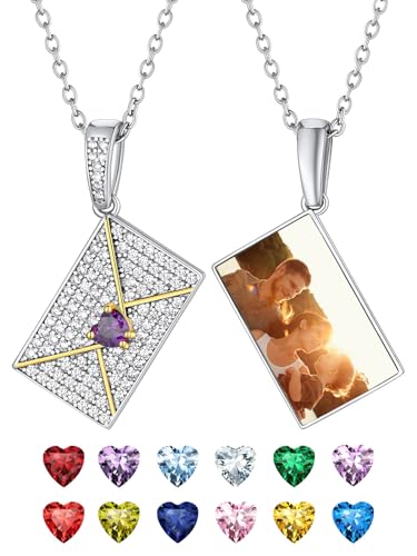 Supcare Geburtsstein Halskette für Damen Kette mit Umschlag Anhänger Kettenanhänger Umschlagkette Fotokette Amulett Memorial Kette mit Bild CZ Envelope Locket Necklace Modeschmuck für Weihnacht von Supcare