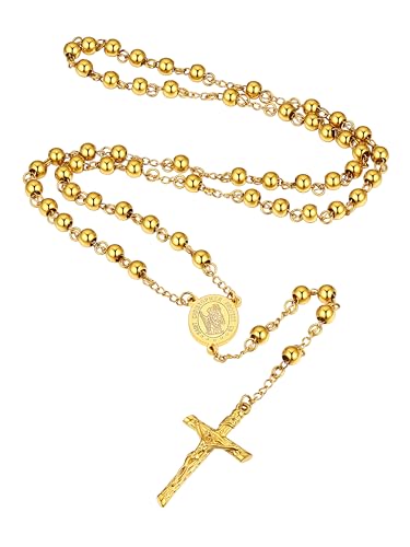 Supcare Gold Gebetskette Christlich Herren Rosenkranz Katholische Halskette Religiöse Kruzifix Anhänger Kugelkette Edelstahl Kette Jesus Kreuz Kette Rosary Cross Necklace Schmuck für Weihnacht von Supcare