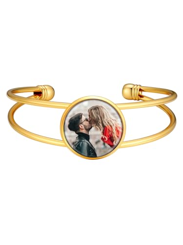 Supcare Gold Rund Foto Armband Personalisiert Öffnen Armband mit Gravur Damen Frauen Bilder Fotoarmbänder Kupfer Armband Armreif Gold Custom Memorial Armbänder Damenarmband Modeschmuck für Geburtstag von Supcare