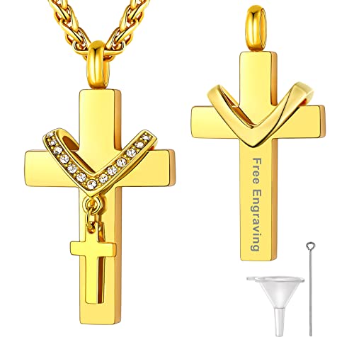 Supcare Goldene Urnenkette für Ashes Kreuz Urneanhänger Cremation Halskette Herren Asche Urnen Kette Kreuz Anhänger Halskette Edelstahl Männer Urnen Asche Halskette Gravur Gedenkschmuck für Haustier von Supcare