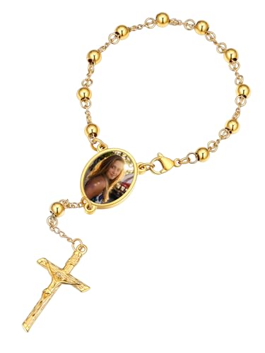 Supcare Goldener Armband Rosenkranz Armbänder Damen Stahlperlen Rosary Gebetsarmband mit Foto Jesus Kreuz Anhänger Armkette Edelstahl Armbänder Gravur Armschmuck Armbändchen Modeschmuck für Ehefrau von Supcare