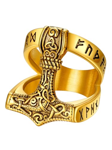 Supcare Goldener Ring für Herren Viking Thors Hammer Ring Luhn Rune Fingerring Männer Edelstahl Siegelring Punk Vintage Mjölnir Statement Ring Bandring mit Keltischer Knot Schmuck für Männer Jungen von Supcare