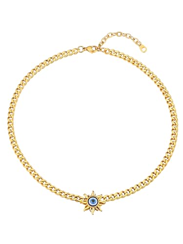 Supcare Goldkette für Herren Jungen Halskette mit Böses Blick Auge Anhänger Nazar Boncuk Kette Sonnenblumen Amulett Glückskette Evil Eye Necklace Panzerkette Teufelsauge Choker Modeschmuck für Vati von Supcare