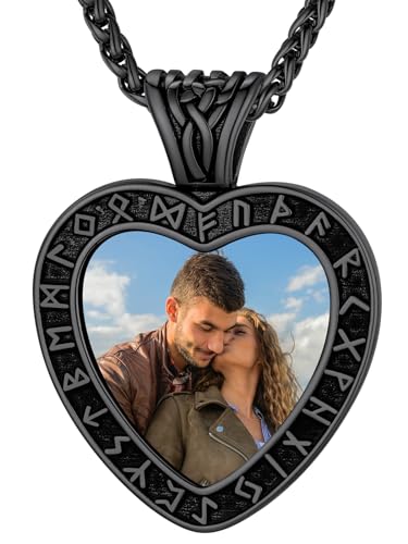 Supcare Halskette für Damen Herren Foto Herzanhänger mit Luhn Rune Edelstahl Schwarz Kette Gravur Text Herzkette Fotokette EFotoanhänger Memorial Kette Personalisiert Modeschmuck für Vater Geburtstag von Supcare