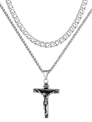 Supcare Herren 2Pcs Layered Halskette mit Kreuz Anhänger Kreuzkette INRI Jesus Kette Kreuz Doppelkette Gliederkette Layer Cross Necklace Mens Christen Kreuzanhänger Modeschmuck für Halloween von Supcare