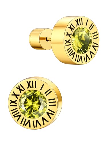 Supcare Herren Ohrringe Gold Ohrstecker mit Römischen Ziffern Creolen Geburtsstein August Peridot Ohrring Edelstahl Stud Earring Mens Rock Huggie Kreolen Ohrring Jungs Ohr Piercing Ohrschmuck von Supcare